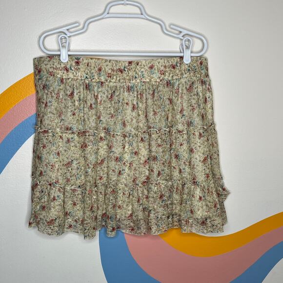 Floral Lace Ruffle Mini Skirt Tiered Pull On Boho Beige XL Romantic Coquette - Picture 4 of 4